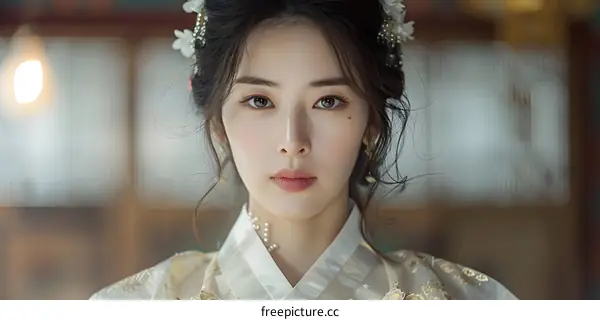 Portrait of a beautiful Asian woman in traditional Korean dress, or Hanbok