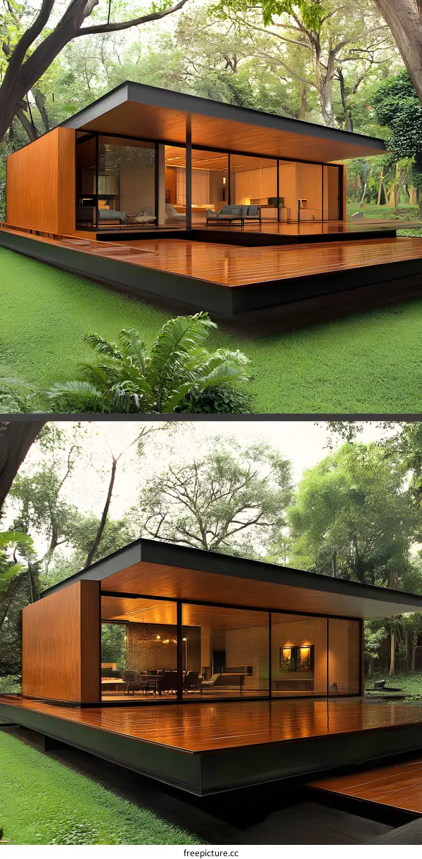 Modern House with Large Glass Windows and Wooden Deck