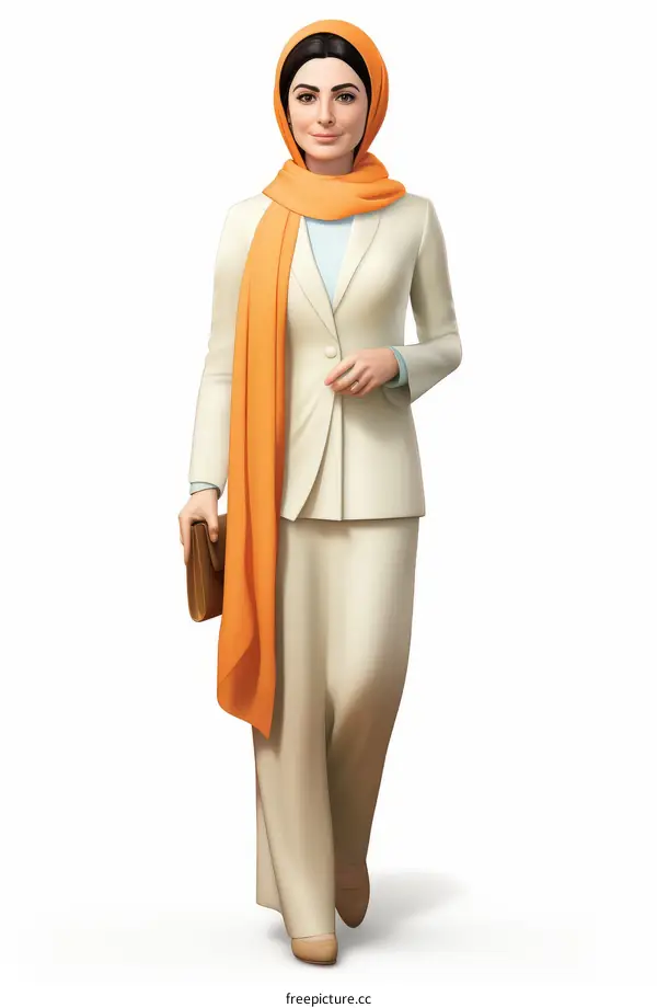 A woman in a white suit and orange scarf walks confidently