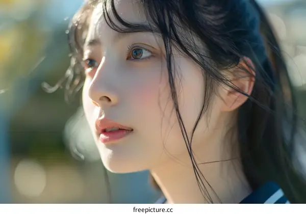 A stunning Asian girl with long, flowing black hair and captivating brown eyes