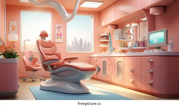 Dentist office interior with pink walls and mint accents