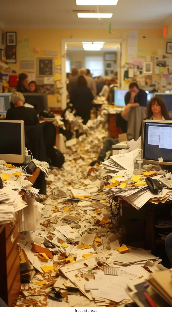 A messy office with people working