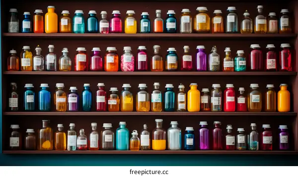 Colorful bottles of chemicals on shelves in a storeroom