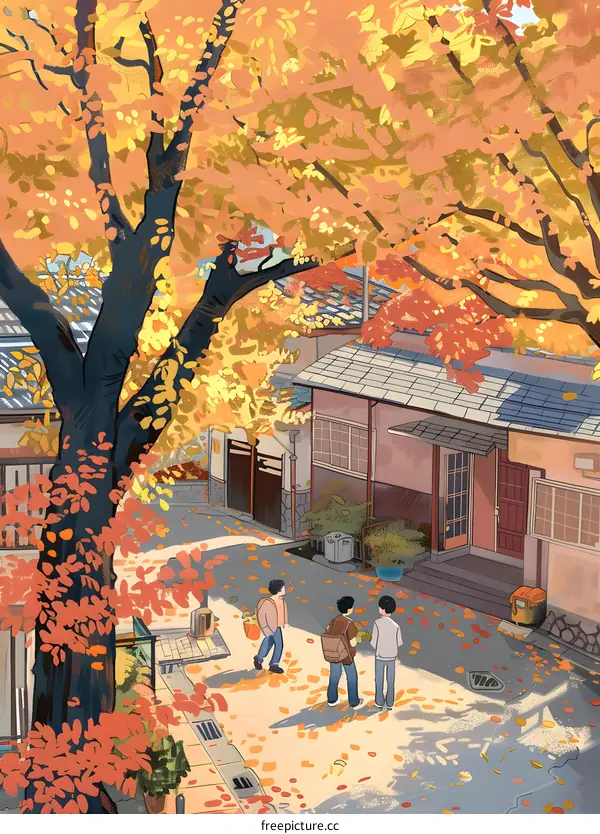Autumn Leaves Fall on a Japanese Street