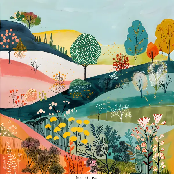 Colorful Landscape Illustration with Rolling Hills and Trees