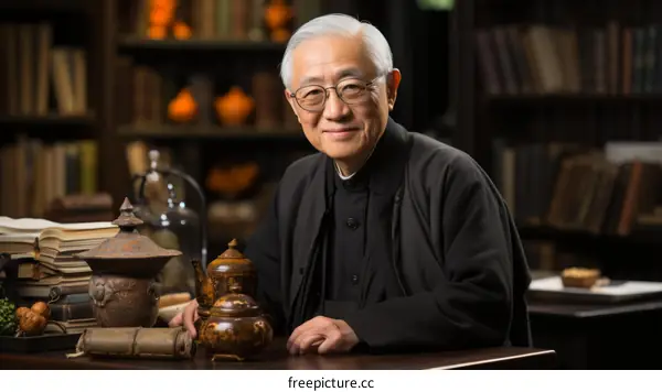 Portrait of a smiling elderly man with gray hair and glasses sitting at a desk in a library