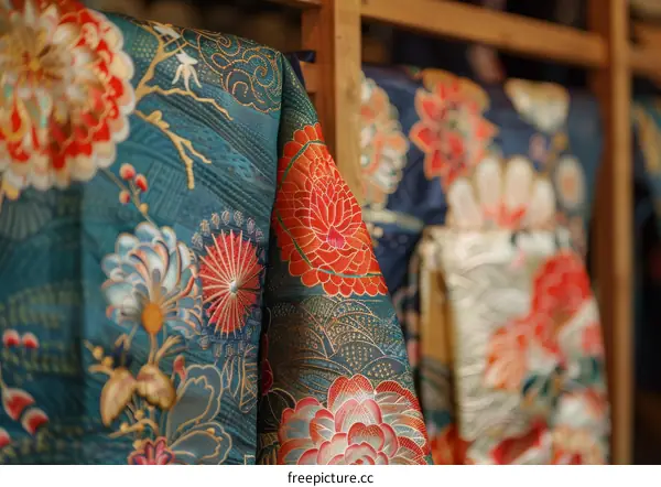Close-up of a kimono with a floral pattern