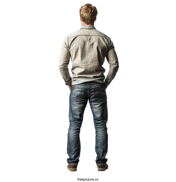 [Transparent Background PNG]Man in Light Gray Shirt and Blue Jeans
