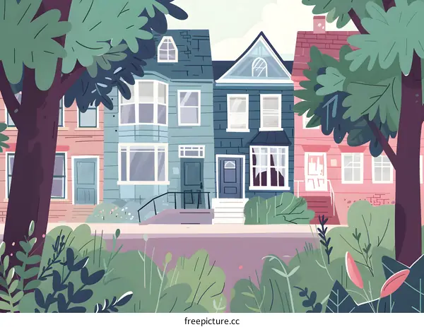 Colorful Illustration of Three Houses on a Street
