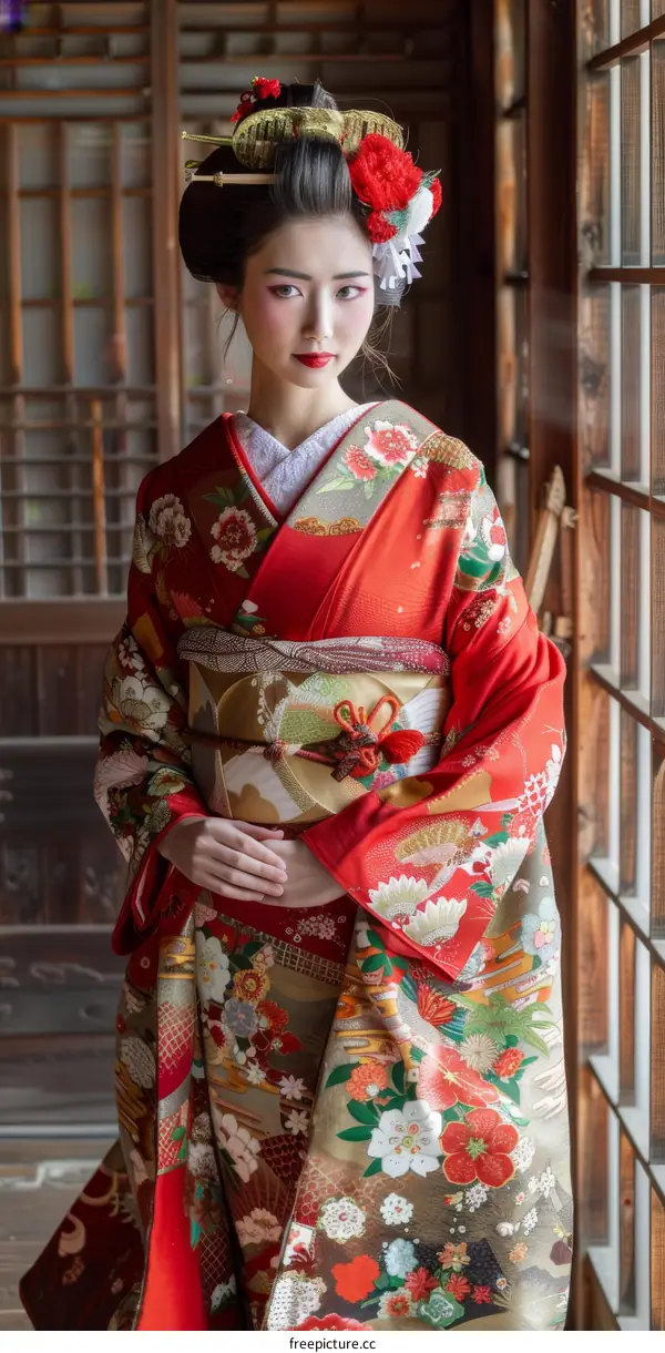 A Japanese woman wearing a kimono is standing in a traditional Japanese house.