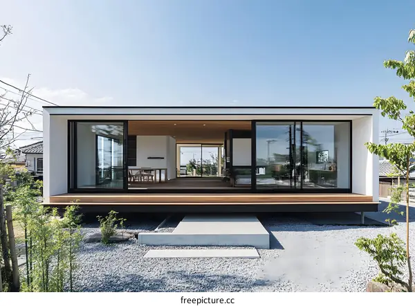 Modern Minimalist House With Sliding Glass Doors And Wooden Deck