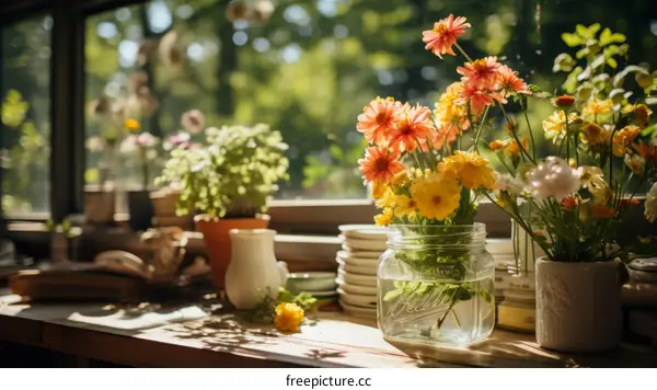 Still life with flowers in a glass jar by the window