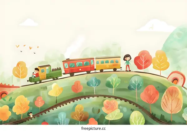 Cute Cartoon Illustration of a Train in a Forest with Two Children