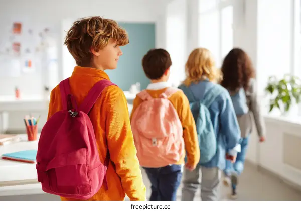 School Children Walking in Corridor