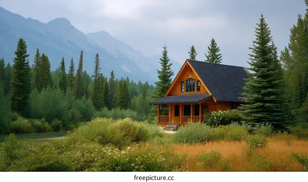 Wooden Cabin in a Mountainous Forest Landscape
