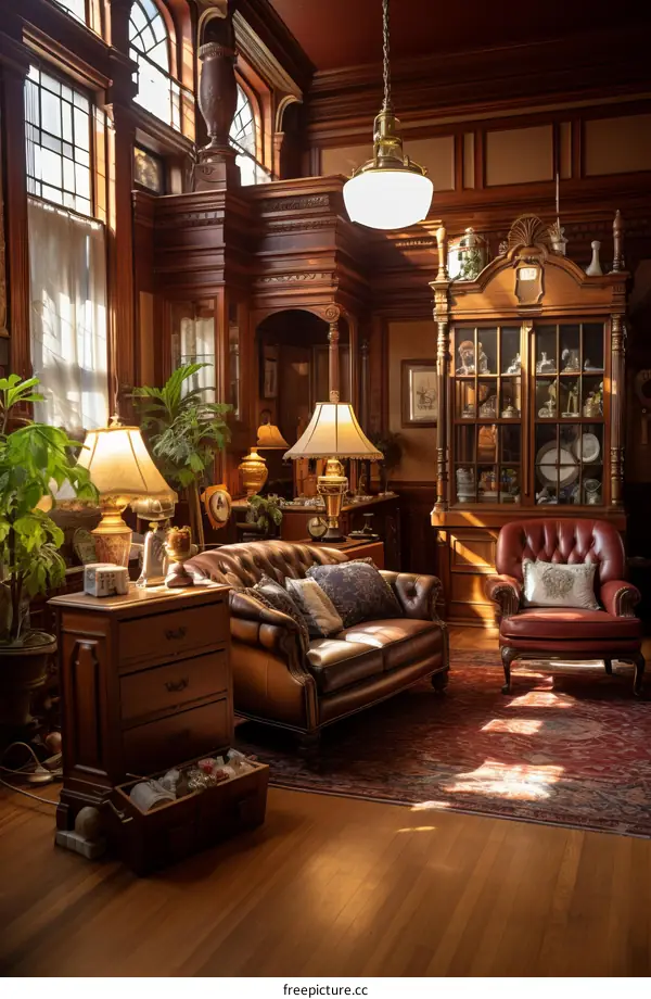 Vintage Leather Chairs and Wooden Cabinet in a Luxurious Room
