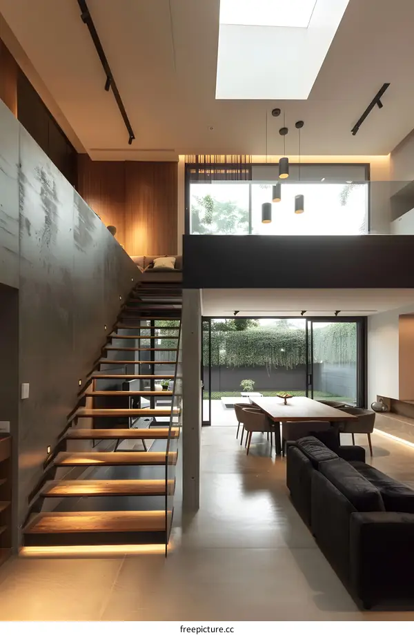 Modern Staircase Design With Glass Railing And Wooden Steps In Luxury Home Interior