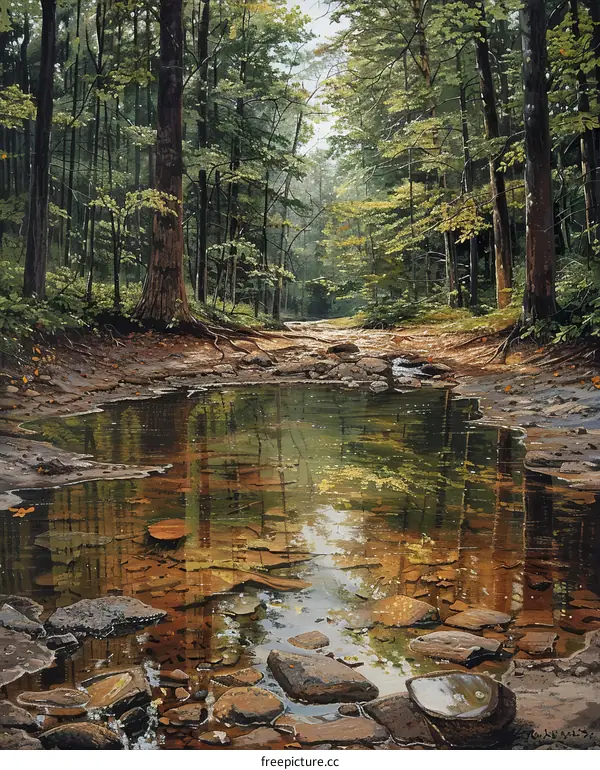 Tranquil Forest Stream with Rocky Bottom