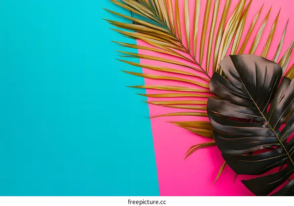 Tropical Leaves on Blue and Pink Background