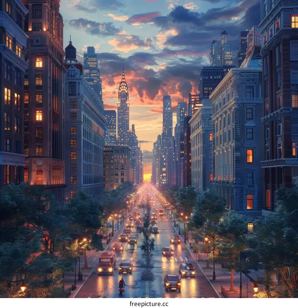 Sunset Cityscape Illustration with Cars