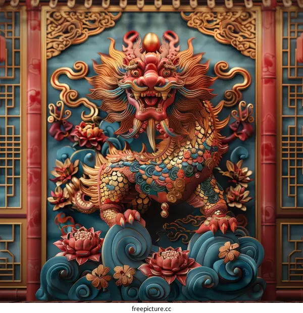 Chinese Dragon Statue Illustration with Intricate Details