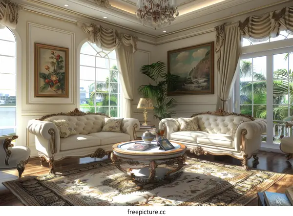 The interior of a living room with two sofas, a coffee table, and a rug