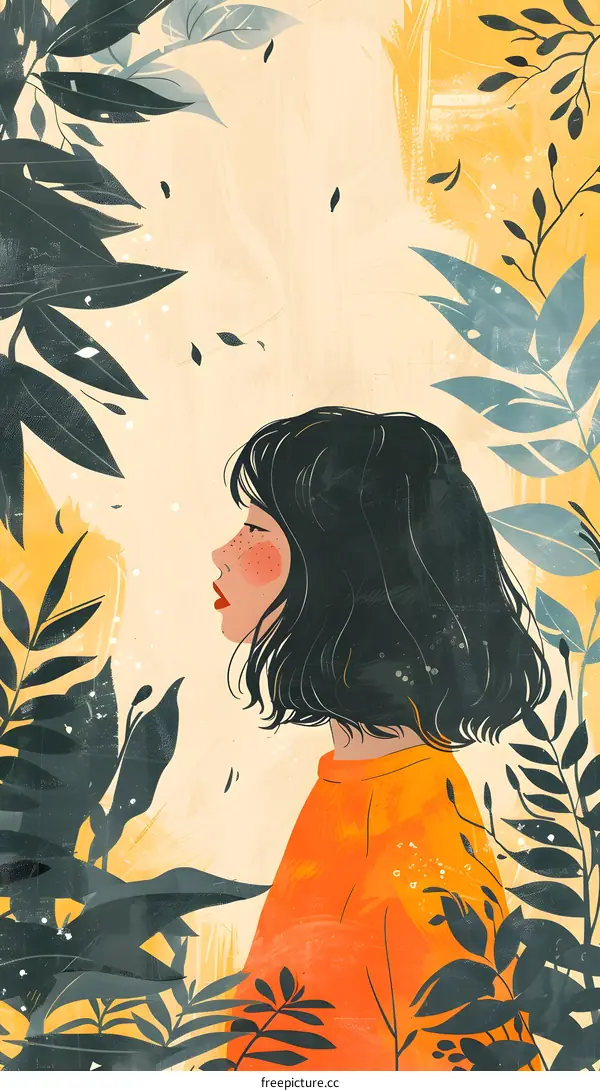 Woman with black hair and orange shirt standing in a forest