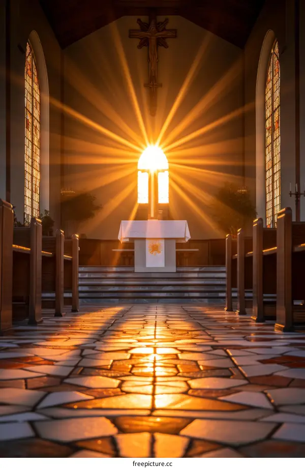 An empty church with sunlight shining through the stained glass windows