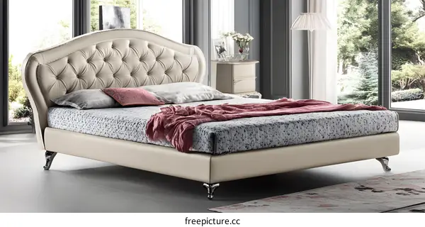 Beige Upholstered Bed with Diamond Pattern Headboard