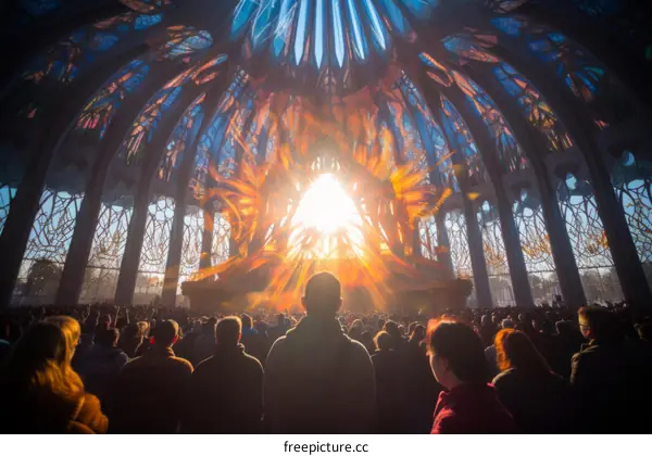 Stained glass cathedral with a large crowd of people inside