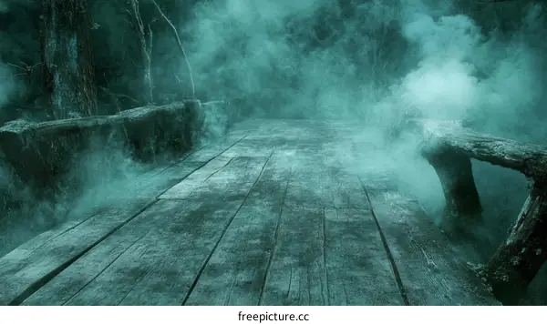 Mysterious Foggy Wooden Bridge in the Woods