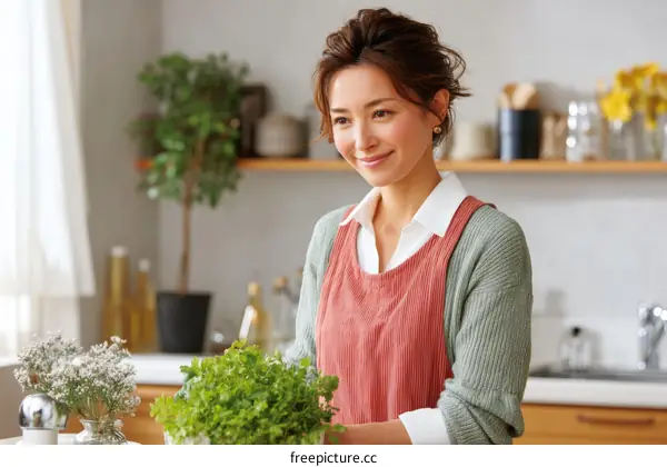 Asian Woman in Kitchen Preparing Herbs