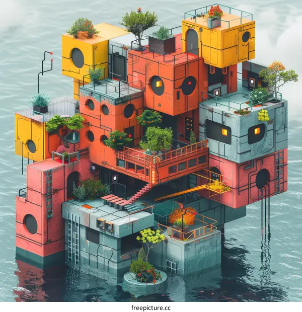 A digital illustration of a colorful and geometric cityscape on water. 