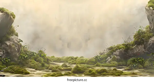 Green Moss Landscape With Mist Background