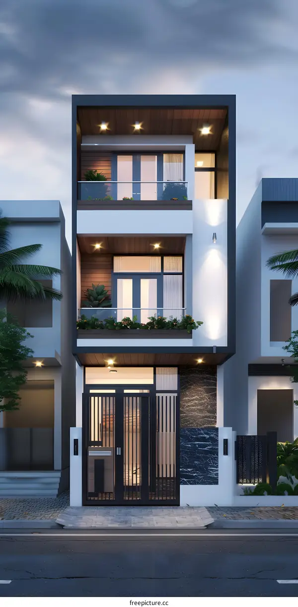 Modern Minimalist House Design With Black Gate And Balcony