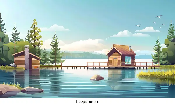 Cabin by the Lake with Wooden Dock and Forest