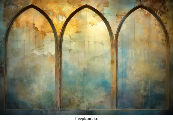 Three arched windows with colorful light shining through