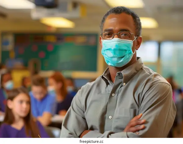 Black male teacher wearing a mask in a classroom