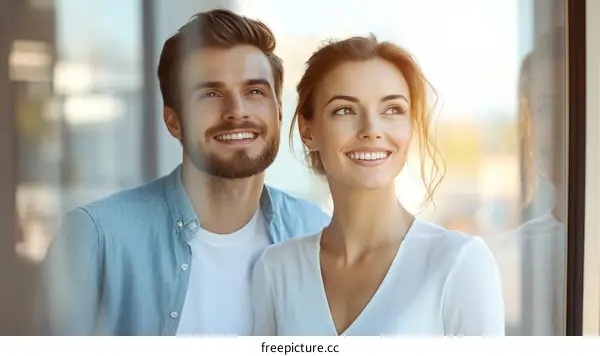 Couple looking at something outside  through the window