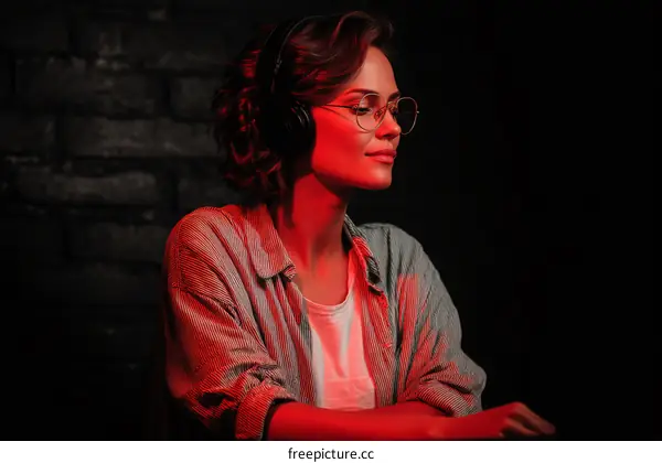 Woman in Headphones and Glasses in Red Light