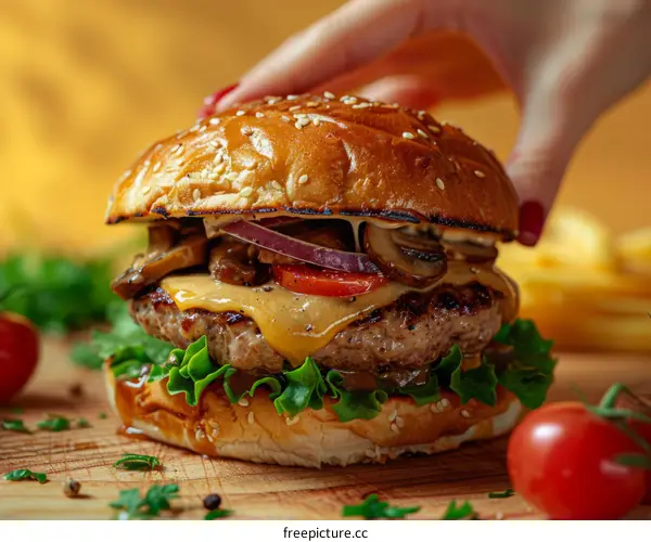 A woman's hand holding a delicious cheeseburger with mushrooms, tomatoes, and onions