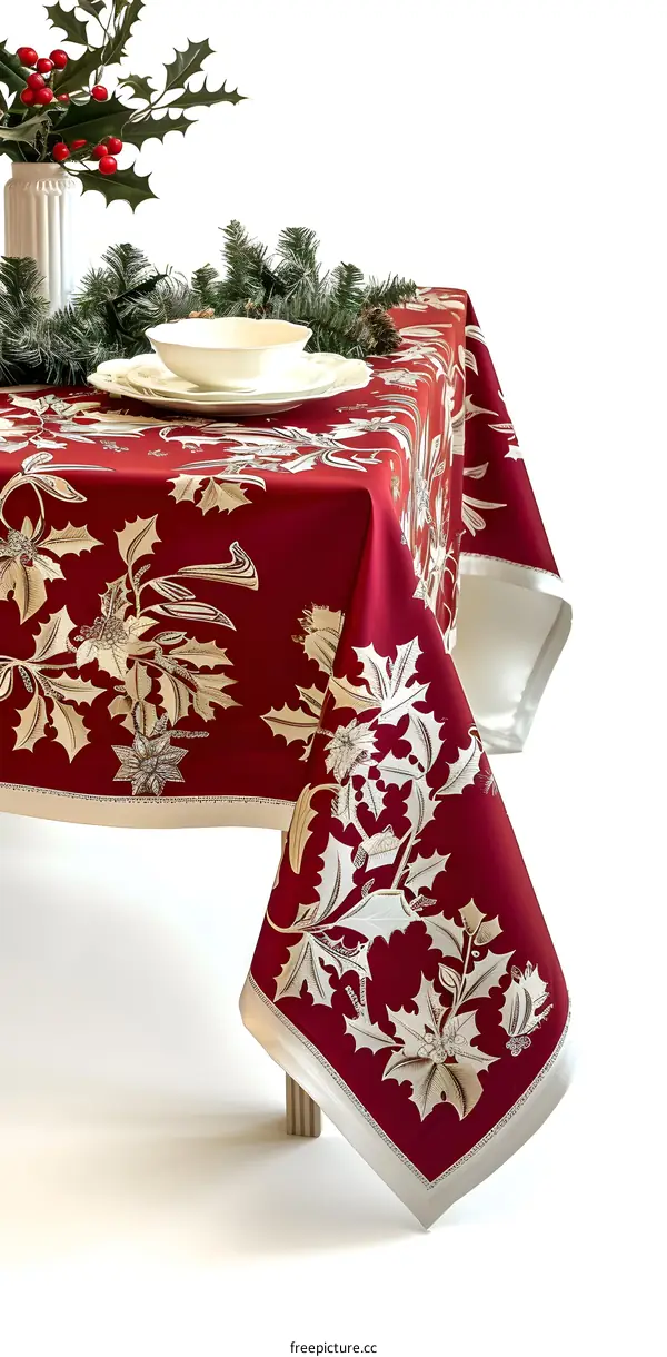 Red and Gold Christmas Tablecloth with Holly Pattern