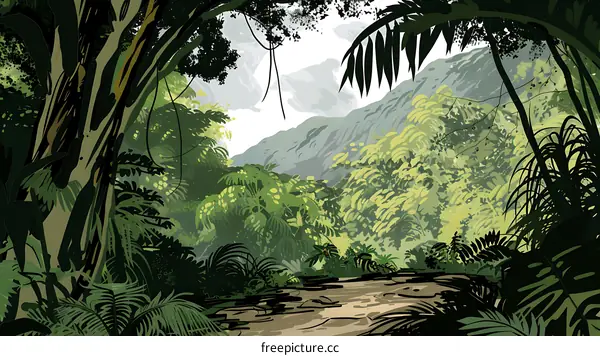 Jungle Illustration With Lush Greenery and Mountains In The Background