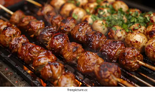 Grilled Meat and Mushrooms on Skewers
