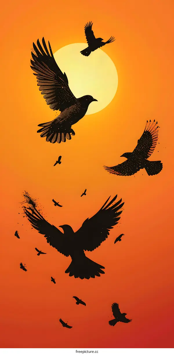 Silhouettes of Birds Flying in Sunset Sky