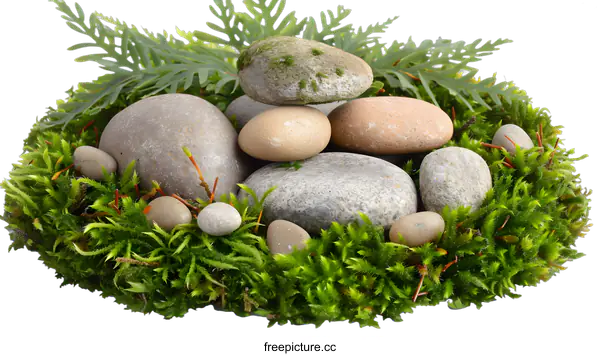 [Transparent Background PNG]Green Moss and Stone Stack Isolated on White Background