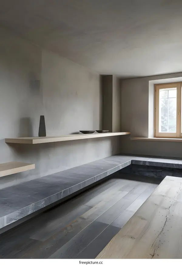 Minimalist Interior Design with Wooden Shelves and Stone Bench