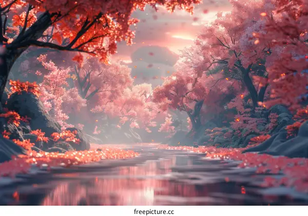 Enchanted Pink Forest Landscape with River