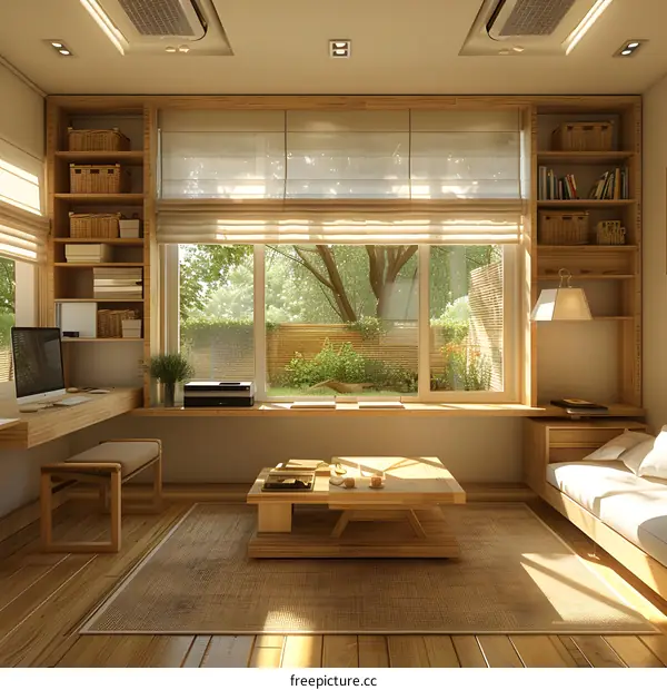 A wooden and minimalist home office with a large window looking out onto a garden