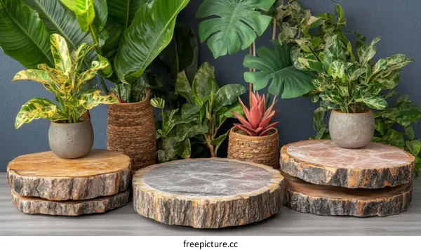 Wooden Planter Stand with Succulents and Tropical Plants